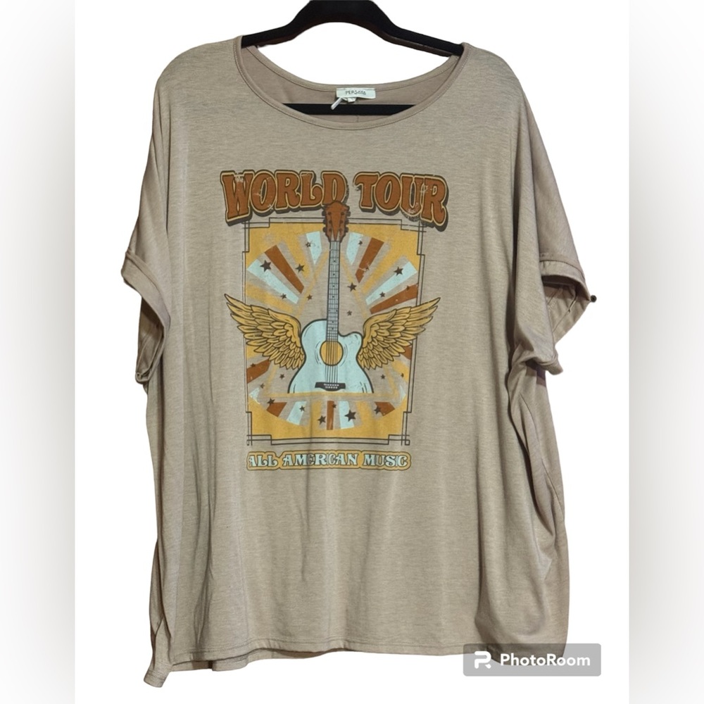 Persaya Cuffed Short Sleeve Graphic Band Top Sz 3X